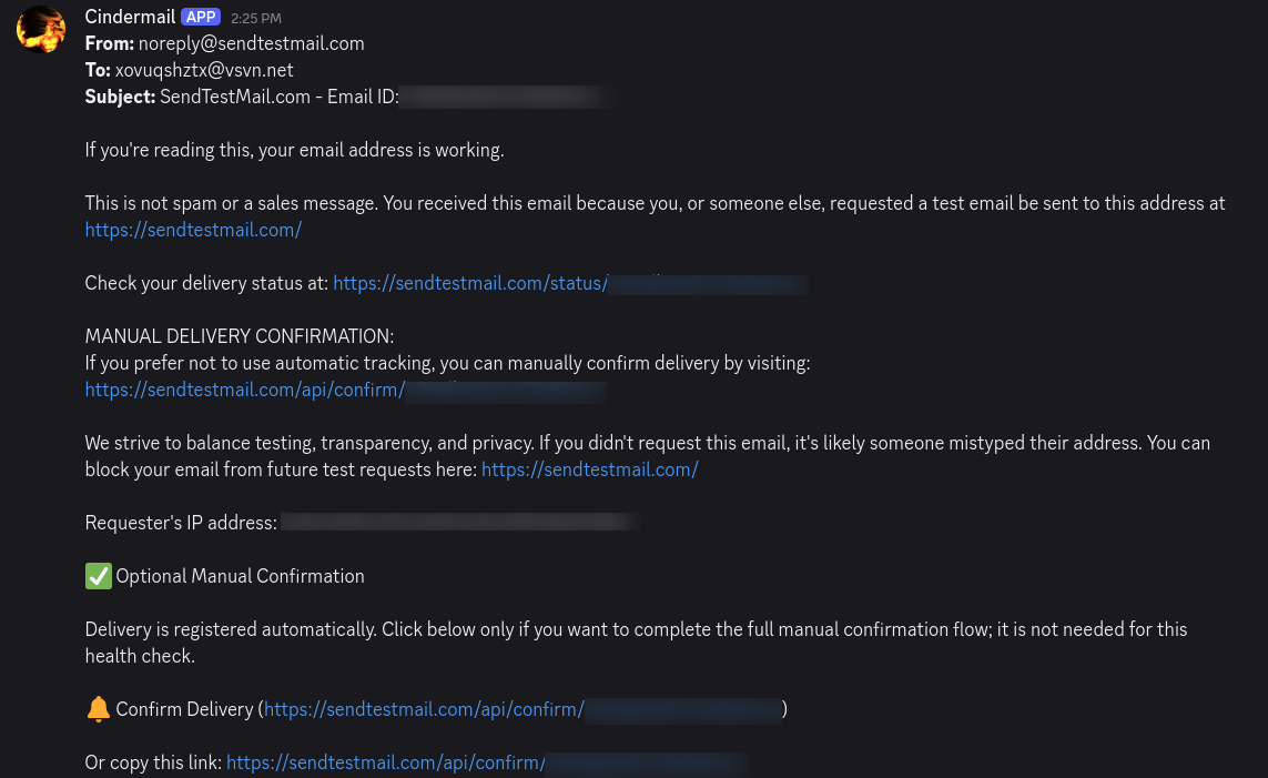 A Discord DM from the Cindermail app forwarding a received test email, with From, To, and Subject lines followed by the message body.