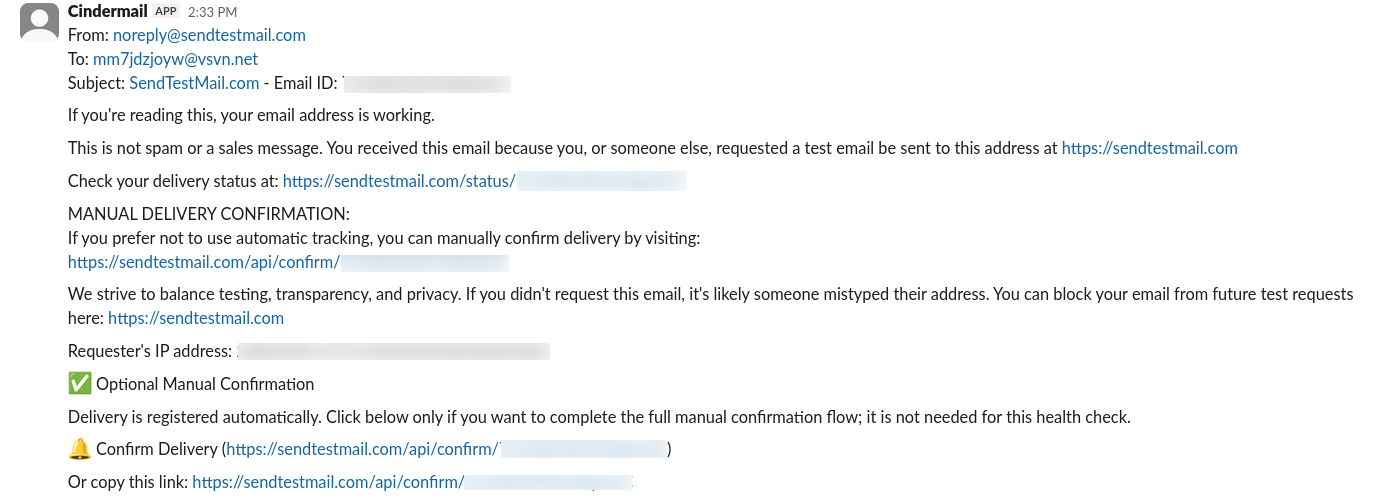 A Slack DM from the Cindermail app forwarding a received test email, with From, To, and Subject lines followed by the message body.