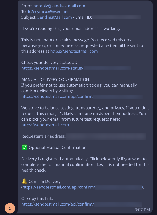A Telegram DM from the bot forwarding a received test email, with From, To, and Subject lines followed by the message body.