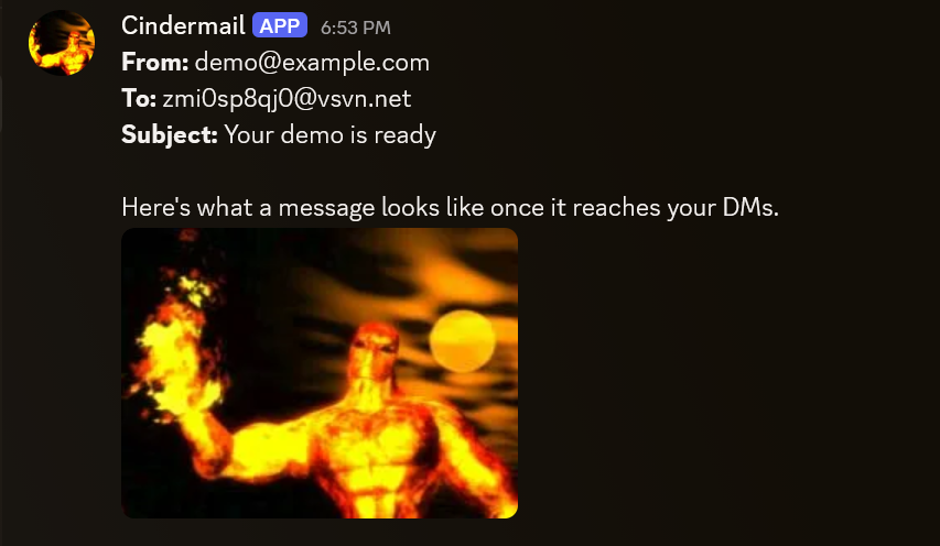 A Discord DM from the Cindermail bot showing a forwarded email, with the sender, recipient, and subject line at the top and an attached image below.